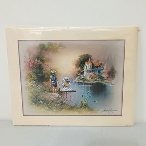 Vintage Signed Andres Orpinas Litho Print Boy Girl Fishing Victorian House Print